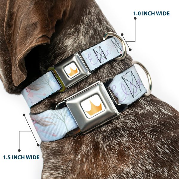 Disney Princess Crown Full Color Golds Seatbelt Buckle Collar - Frozen Elsa Snowflake Pose with Trees and Script Blues Purples Cheap - Image 2