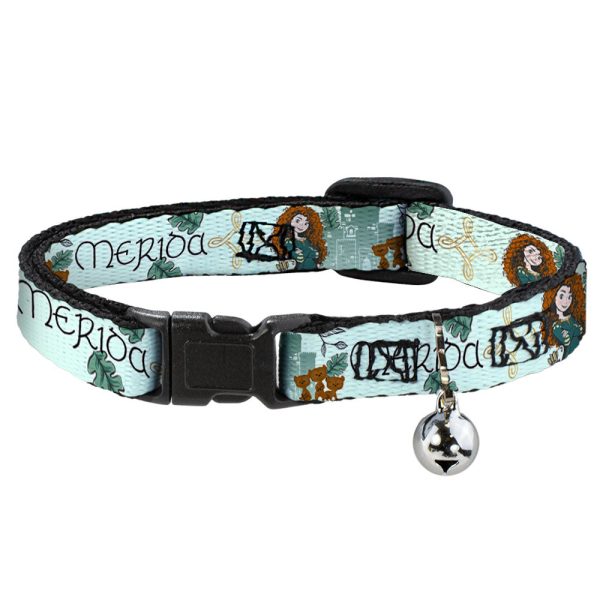 Cat Collar Breakaway with Bell - Brave Merida Castle and Three Bear Brothers Pose with Script Greens - NARROW Fits 8.5-12  on Sale