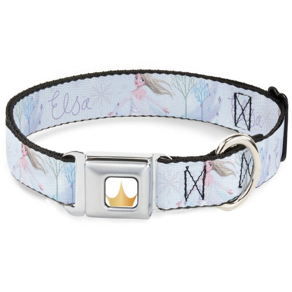 Disney Princess Crown Full Color Golds Seatbelt Buckle Collar - Frozen Elsa Snowflake Pose with Trees and Script Blues Purples Cheap