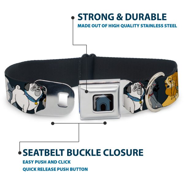 Dog House Full Color Black Gray Seatbelt Buckle Collar - Disney Dogs 6-Dog Group Collage Paws Gray Black For Sale - Image 4