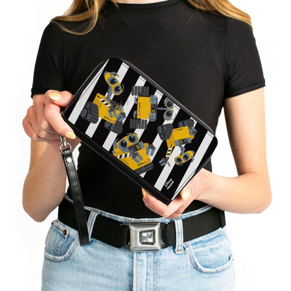 Women s PU Zip Around Wallet Rectangle - WALL-E Poses Scattered Stripe Black White Online Sale - Image 4